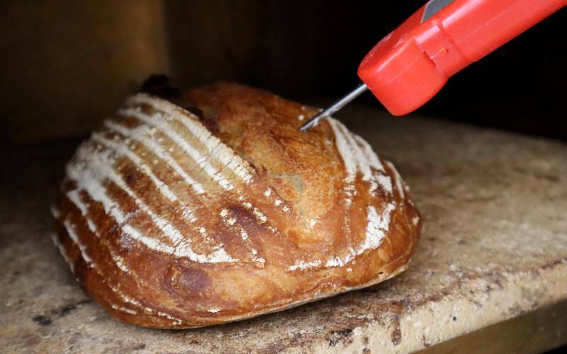 Taking the temperature of bread using a probe